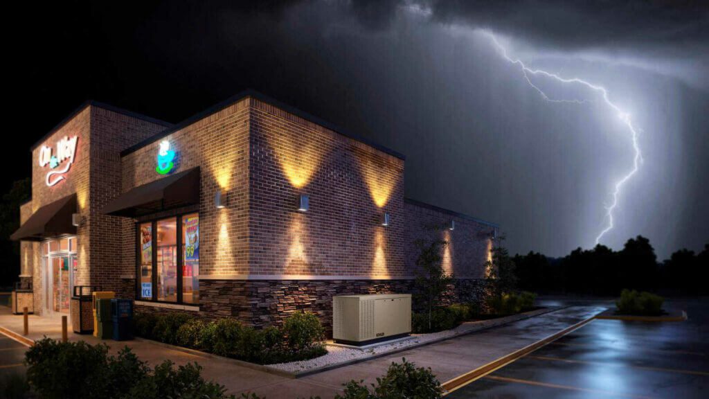 Convenient store with lightening strike and storm in the distance